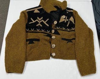 Sandy Starkman Cardigan Sweater Womens S Brown Southwestern Cropped Knit Suede