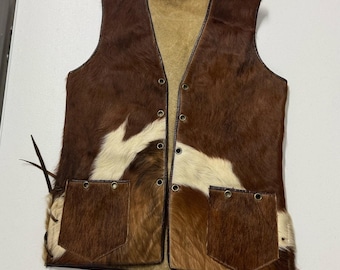handmade Cowhide Fur Vest Unisex Medium Brown White Fair Vintage Lace Up Side