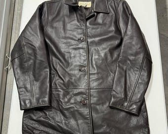 Eddie Bauer Leather Car Coat Mens L Brown Excellent Button Front Mid Length