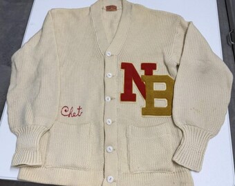 Vintage 1950s Tobler's Sport Shop Letterman Cardigan Cream NB Patch chain stitch