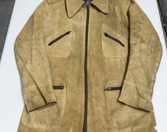 Vintage Karallus Falk Suede Leather Jacket Tan 70s Zip Front Mid Length Coat