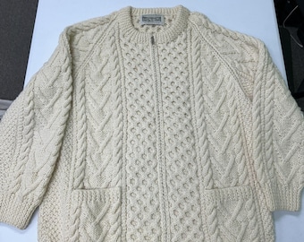 Carraig Donn Cardigan Sweater Mens M Cream Wool Full Zip Irish Cable Knit H1