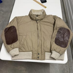Vintage Nautica Down Puffer Bomber Jacket Tan Leather Elbow Patches Mens Medium