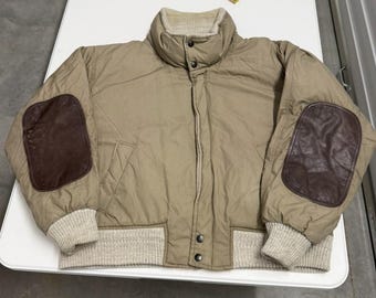 Vintage Nautica Down Puffer Bomber Jacket Tan Leather Elbow Patches Mens Medium