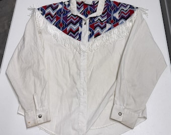 Vintage Western Shirt Womens M White Good Fringe Southwestern Geometric Yoke