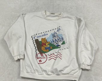 Disney Winnie the Pooh Sweatshirt Unisex XL White Vintage Canada Stamp Graphic
