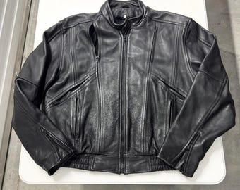 Mega Force Black Leather Motorcycle Jacket Mens 48 Biker Moto Mesh Lined Zip Up