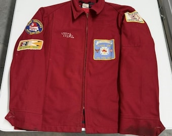Vintage 70s Iowa Firemens harington Patched Work Jacket Red chain stitching