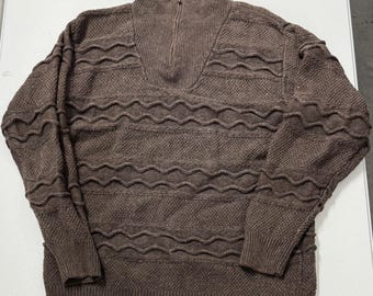 St Johns Bay Cable Knit Sweater Mens L Brown Zip Mock Neck V-Neck Overlay