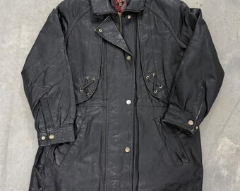 Vintage G-III Global Identity Black Leather Trench Coat Mid Length 90s Jacket