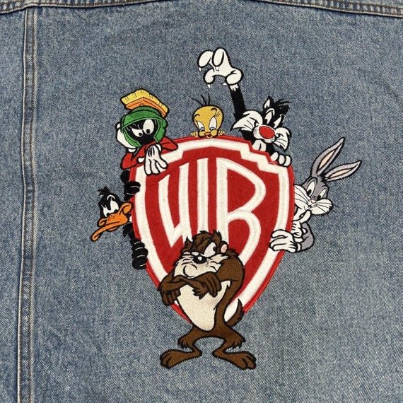 Warner Bros Denim Jacket Mens Large Blue Looney Tunes Embroidered 90s Trucker