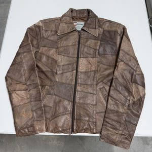 Vintage Parra Compon Brown Patchwork Leather Jacket Zip Front Distressed Retro M