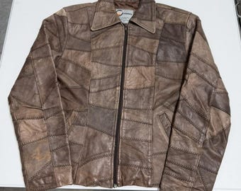 Vintage Parra Compon Brown Patchwork Leather Jacket Zip Front Distressed Retro M