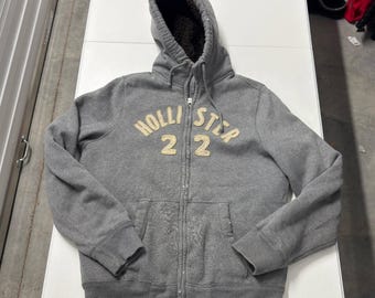 Hollister Zip Up Hoodie Mens XL Gray Good Sherpa Lined Strands Point Logo