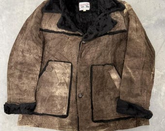 Vintage Storm Rider Lee Distressed Brown Suede Faux Fur Shearling Jacket mens XL