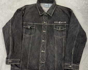 Rocawear Mens Big & Tall Black Denim Jacket Embroidered Logo Size 2X Trucker