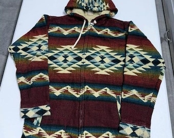 Vintage Southwestern Aztec Geometric Full Zip Baja Hoodie Burgundy Teal Mens M