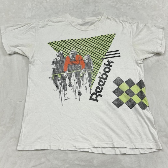 Reebok, Reebok Graphic T-Shirt Mens White Cycling Neon Green Checkered Retro 80s
