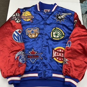 Megausa Varsity Jacket Mens XL Blue Red Excellent Satin Patchwork Bomber Sport
