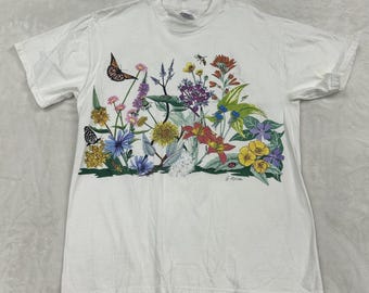Hanes Beefy-T Graphic Tee Unisex Large White Floral Butterfly G. LaCatis Vintage