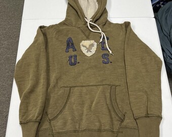 American Eagle Hoodie Mens Large Green Good Distressed Vintage Fit Logo Pullover