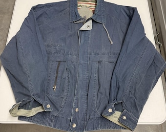 Vintage Canvas Bomber Jacket Mens M Blue Fair Southwestern Print Lining Zip Up
