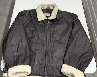 Leather Bomber Jacket Mens L Brown Good Shearling Aviator Flight Coat