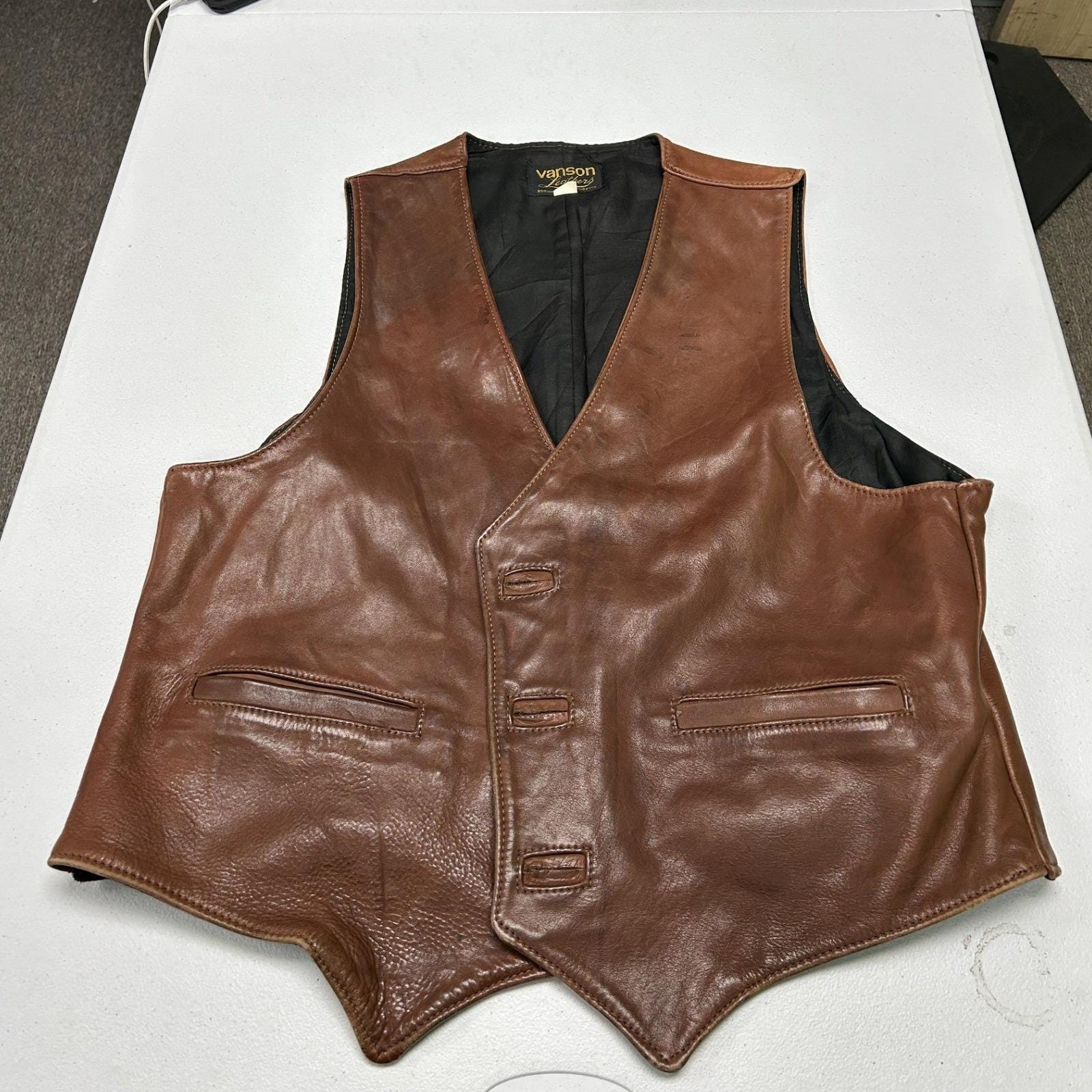 Vanson, Vanson Leathers Vest Mens 50 Brown Asymmetrical 3-Button Leather Biker Boston