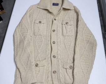 Pendleton Cardigan Sweater Mens M Cream Good Cable Knit Wool Button Front