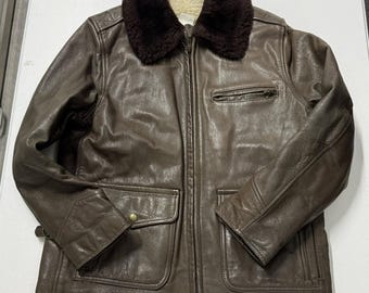 L.L Bean Leather Bomber Jacket Mens S Brown Excellent Faux Fur Collar Zip Up