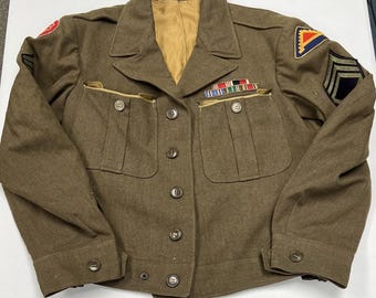 Vintage WWII Ike Jacket Mens Small 38r Olive Drab Good 7th Army Patches Ribbons