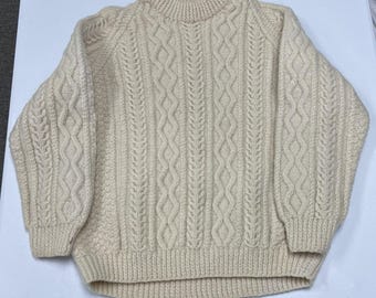 Hand Knitted Aran Sweater Mens 38 Cream Good Cable Knit Wool British Isles