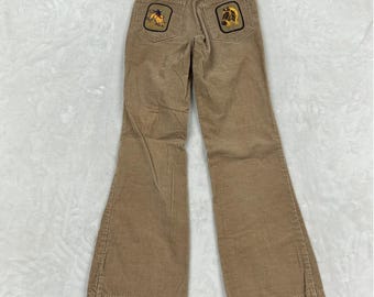 70s Vintage Corduroy Pants Kids Tan Western Horse Patches Flared Leg