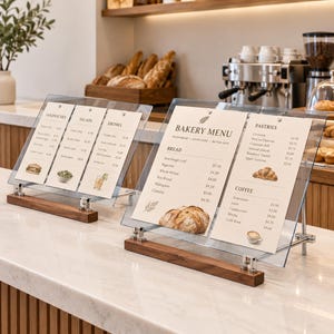 Table Menu Holder Clear Acrylic,Menu Stand with Walnut Wood Base,Menu Sign Display for Restaurant,Cafe & Bar,Magnetic Menu Clip Set