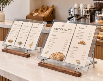 Bordmenyhållare i klar akryl, menyställ med valnötsträbas, menyskyltdisplay för restaurang, café och bar, magnetiskt menyklämmset