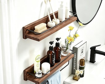 Massive Nussbaum Buche schwebende Regal mit gebürstetem Messing Handtuchhalter | An der Wand befestigter Speicher-Organizer