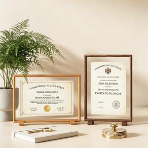 May include: Two rectangular floating picture frames with wooden borders, one horizontal and one vertical, each holding a document. The horizontal frame displays a Certificate of Achievement, while the vertical frame holds a university diploma.