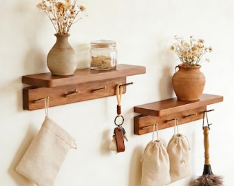 Massivholz Eingangsregal mit Haken, Eiche Buche Walnuss Schlüsselhalter