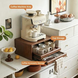 May include: A cream-coloured espresso machine sits atop a dark wood coffee station organiser. The organiser features a pull-out shelf holding six ceramic mugs and a lower drawer containing coffee beans and utensils, labelled Coffee Accessory Storage.