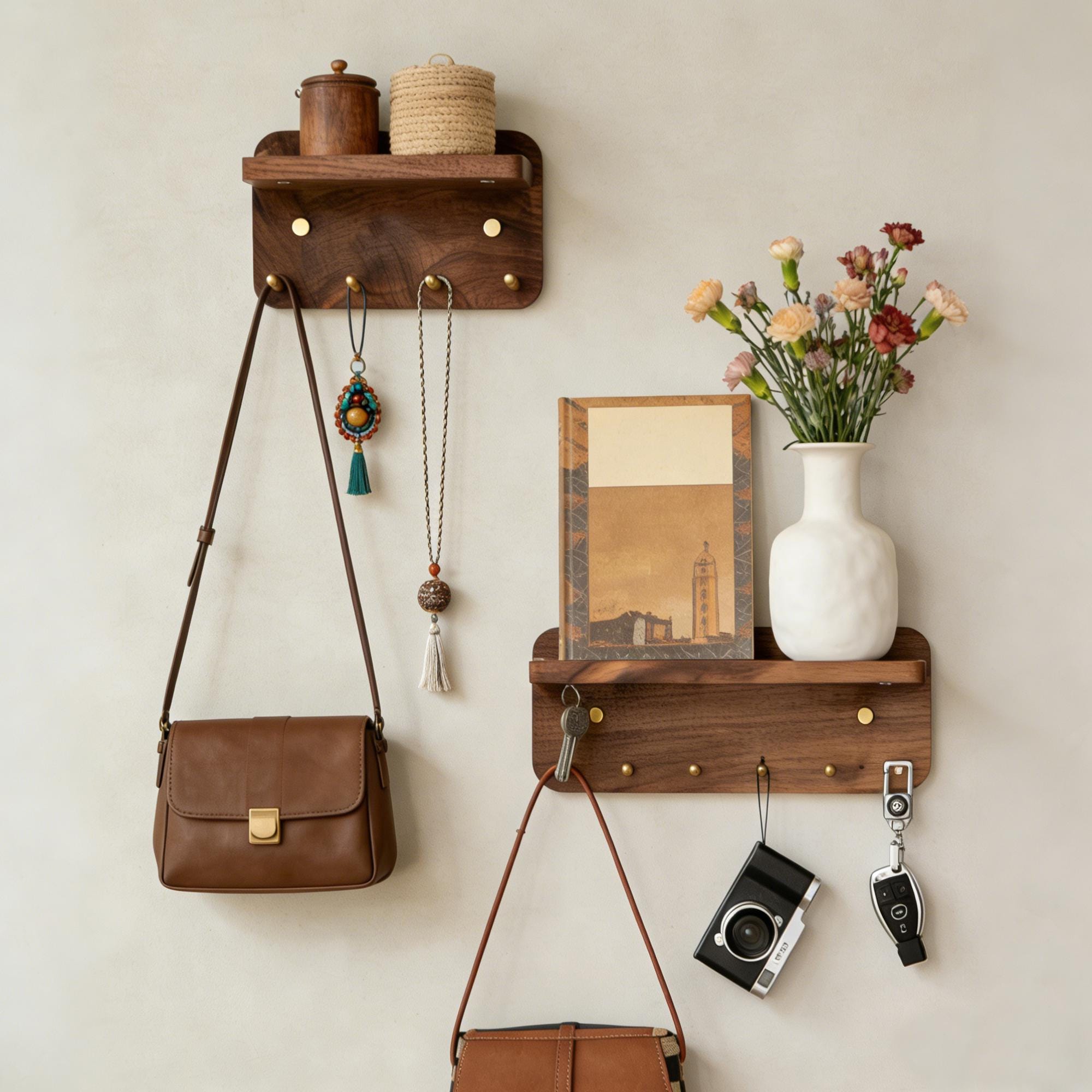 Solid Walnut Key Rack With Shelf, Brass Hooks, Magnetic Key Holder ...