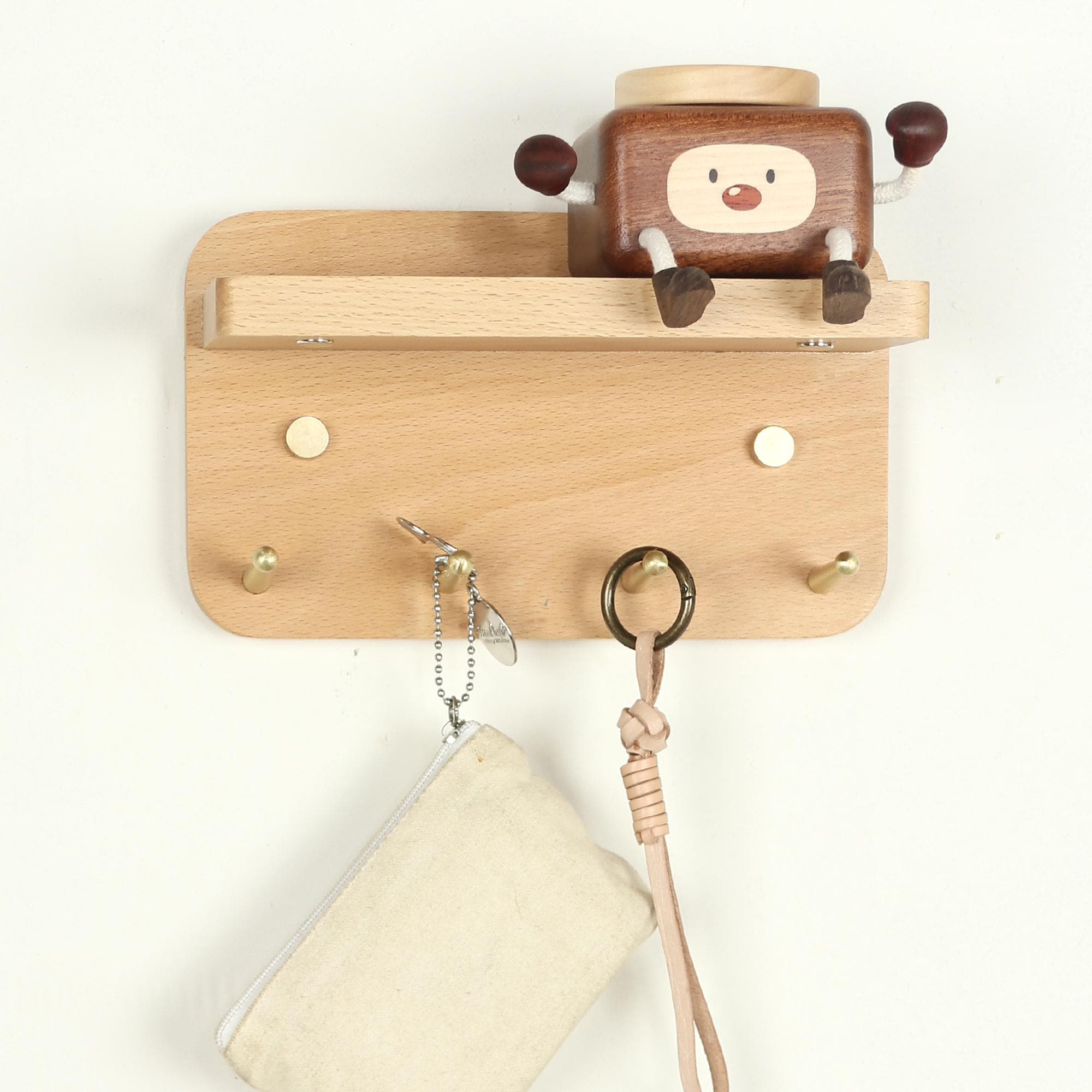Solid Walnut Key Rack With Shelf, Brass Hooks, Magnetic Key Holder ...