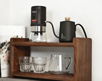 Massives Nussbaum Kaffeetassen-Organizer-Regal, zweiseitiges umkehrbares Holzdisplay