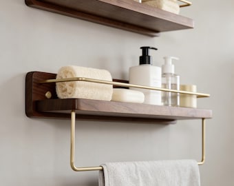 Solid Walnut/Beech Shelf with Brushed Brass Towel Bar, Wall Mounted Floating Storage
