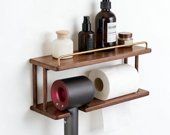 Walnuss Fönhalter mit Ablage, an der Wand montierter Organizer Rack, Badezimmerzubehör