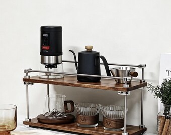 Adjustable Countertop Shelf,Solid Walnut Coffee Station Organizer,Industrial Metal Accents