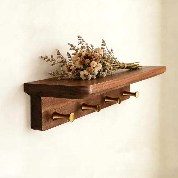 Estante perchero de madera maciza con ganchos de latón: organizador para recibidor, nogal/haya