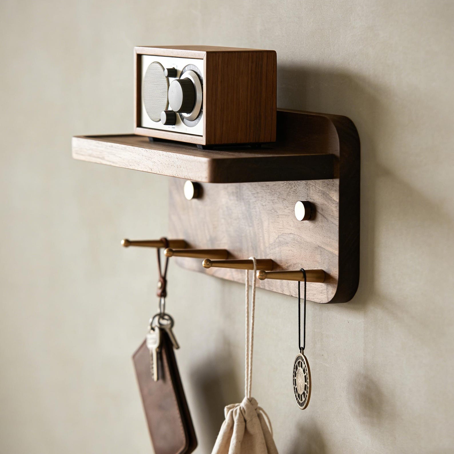 Walnut Key Rack Solid Walnut Key Rack With Shelf, Brass Hooks, Magnetic Key Holder ...