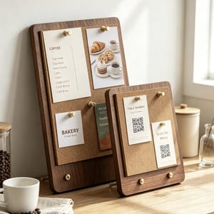 May include: Two rectangular dark wood display boards with central cork panels and brass-colored pins. The larger board holds a coffee menu and a bakery sign. The smaller board displays two cards with QR codes labeled Table Number and Scan for Menu.