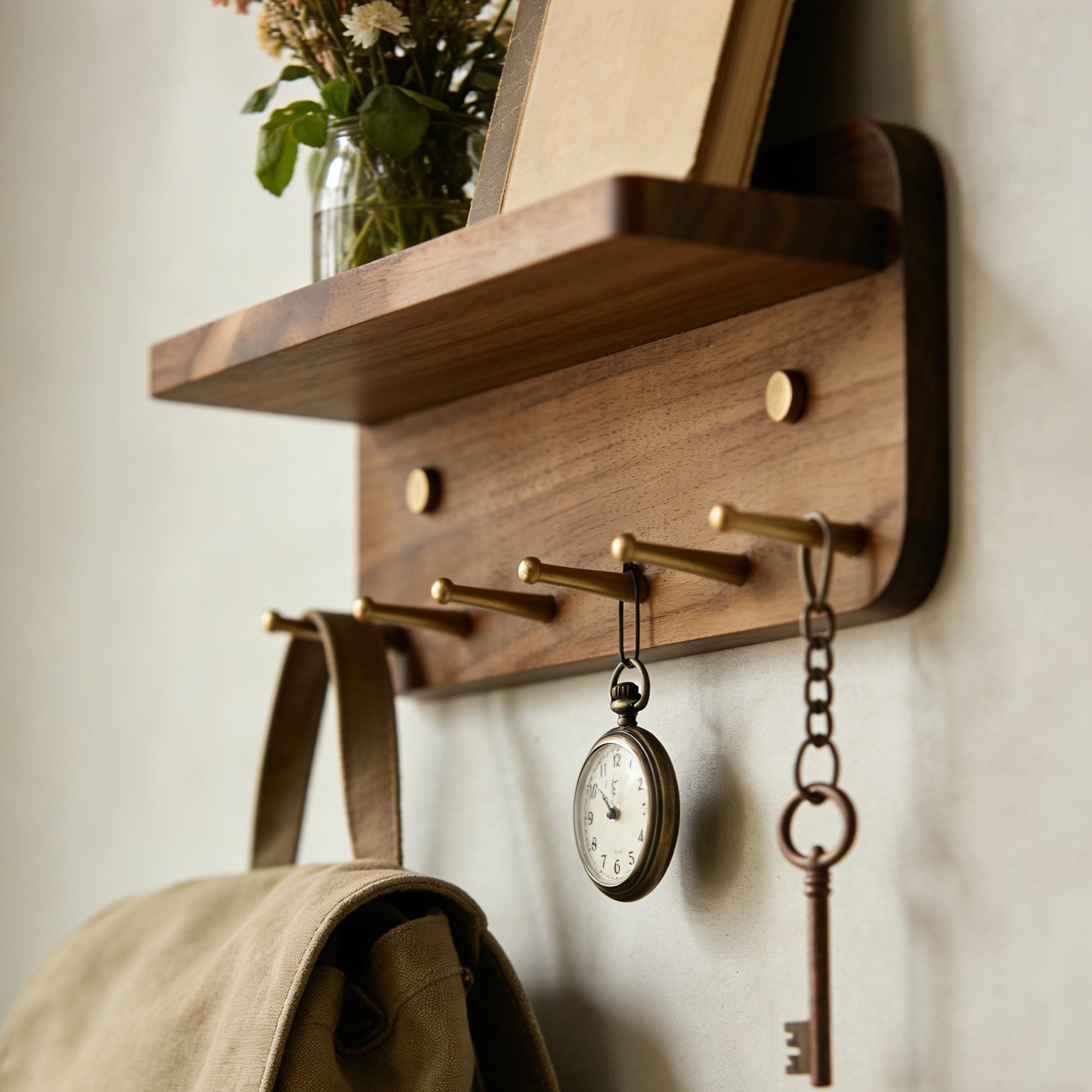 Solid Walnut Key Rack With Shelf, Brass Hooks, Magnetic Key Holder ...