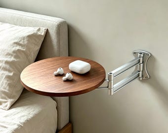 Prateleira dobrável para cabeceira, suporte de parede para projetor, prateleira flutuante em madeira de nogueira, mesa de cabeceira que economiza espaço.